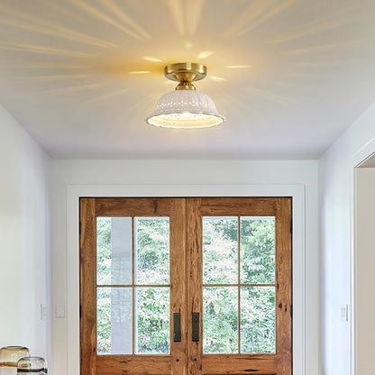 Vintage Ceramic Semi Flush Mount Ceiling Light - 2 Pack, Gold Hallway Light Fixture, Mid Century Small Close to Ceiling Lamp，Unique Flush Lighting Fixtures for Entryway Laundry Room Kitchen Cottage