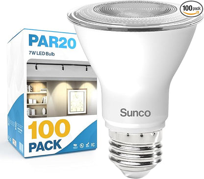 Sunco 100 Pack PAR20 LED Bulbs, Flood Light Bulb Outdoor, 500 LM, 7W (50W Equivalent), 6000K Daylight Deluxe, E26 Medium Base, Dimmable, Track Lighting for Indoor/Outdoor Use, Wet Rated UL