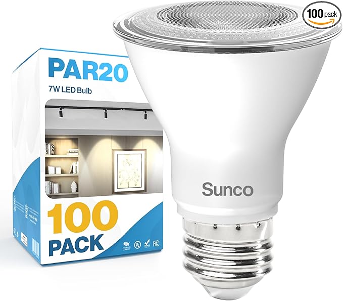 Sunco 100 Pack PAR20 LED Bulbs, Flood Light Bulb Outdoor, 500 LM, 7W (50W Equivalent), 3000K Warm White, E26 Medium Base, Dimmable, Track Lighting for Indoor/Outdoor Use, Wet Rated UL.