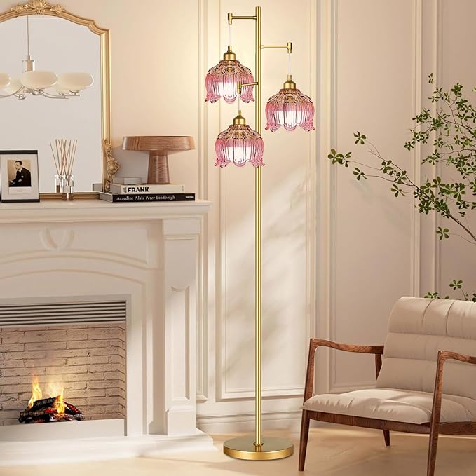 Pink Floor Lamp for Living Room,Bedroom,Gold Mid Century Modern Standing Lamp Brass Tree 3 Light Tall Floor Lamps Vintage Retro Floor Lights Glass Flower Lamp Shade Girls Kids Boho Bohemian