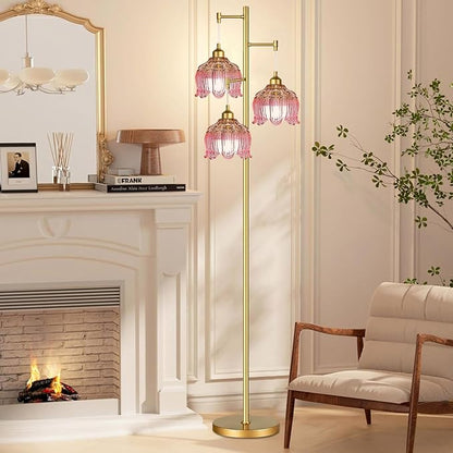 Pink Floor Lamp for Living Room,Bedroom,Gold Mid Century Modern Standing Lamp Brass Tree 3 Light Tall Floor Lamps Vintage Retro Floor Lights Glass Flower Lamp Shade Girls Kids Boho Bohemian