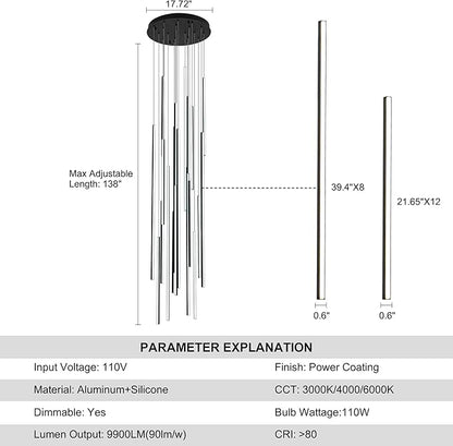 138" Modern LED Chandelier, Clustered Led Pendant Light, 20-Lights Dimmable High Ceiling Large Hanging Lighting Fixture for Loft Villa Living Room Stairs Foyer (Black-110W-20 Lights)