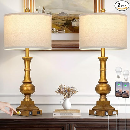 Farmhouse Table Lamps for Living Room, 26" Vintage Table Lamp Set of 2 with USB A+C Charging Ports & AC Outlets, Touch Control 3-Way Dimmable Rustic Bedside Nightstand Lamps for Bedroom Gold Brass