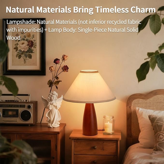Bedside Table Lamp for Bedroom, Mid-Century Modern Plug in Fabric Shade & Solid Wood Base Desk Lamp, Plug & Play Red Wood Nightstand Lamp for Living Room, Office 【Bulb Included】