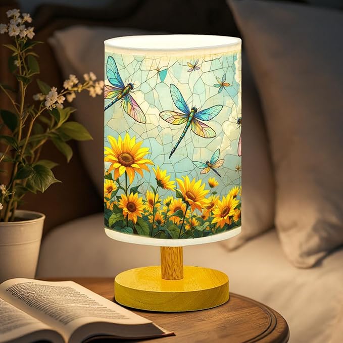 Dragonfly Table Lamp LED 3-Color Pressed Bedside, Dragonfly Shade Lamp with Wood Base for Bedroom Living Room Desk Office TL01