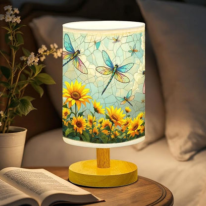 Dragonfly Table Lamp LED 3-Color Pressed Bedside, Dragonfly Shade Lamp with Wood Base for Bedroom Living Room Desk Office TL01