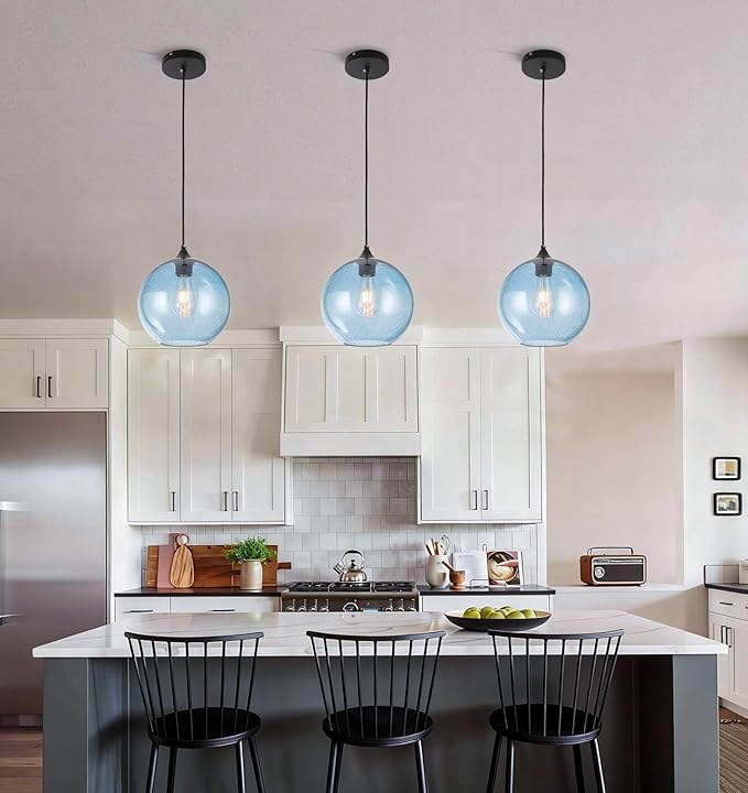 Blue Glass Pendant Lights Kitchen Island Lighting Modern Globe Pendant Light Fixtures Modern Pendant Lights for Kitchen Island Bedroom Living Dining Room Light Fixture-7.8inch