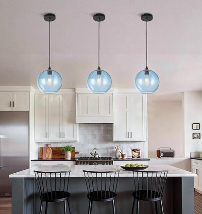 Blue Glass Pendant Lights Kitchen Island Lighting Modern Globe Pendant Light Fixtures Modern Pendant Lights for Kitchen Island Bedroom Living Dining Room Light Fixture-7.8inch