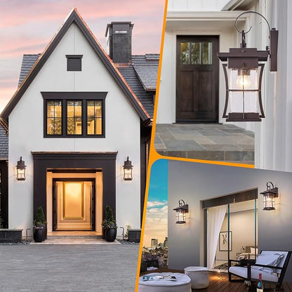 2 Pk Oil Rubbed Bronze Outdoor Sconces Light with Dusk to Dawn Sensor Photocell Exterior Porch Lanterns Outside Wall Lamps Waterproof Brown Metal with Seeded Glass Coach Light Fixtures for House