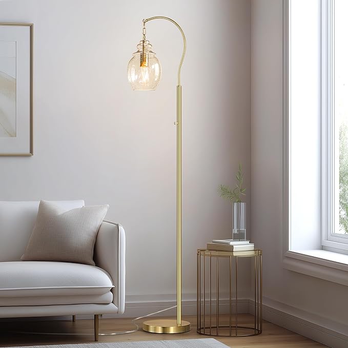 QiMH Gold Floor Lamps for Living Room, Modern Standing Lamp for Bedroom, 70" Tall Lamp for Corner, Arc Floor Lamp with Seeded Glass Lamp Shade, Dimmable Floor Lamp for Reading Office Nursery