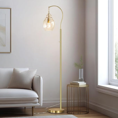 QiMH Gold Floor Lamps for Living Room, Modern Standing Lamp for Bedroom, 70" Tall Lamp for Corner, Arc Floor Lamp with Seeded Glass Lamp Shade, Dimmable Floor Lamp for Reading Office Nursery