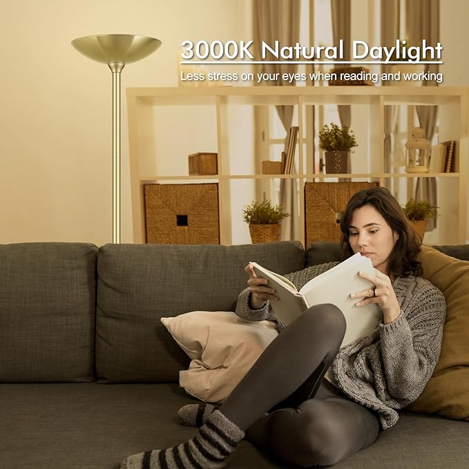 30W Torchiere Floor Lamp Gold, 3600LM Bright Stepless Dimmable Floor Lamp, 71 Inch LED Standing Lamp 3000K, Rotary Switch, I Inch Thick Pole, Tall Metal Torch Floor lamps for Living Room/Bedroom/Den