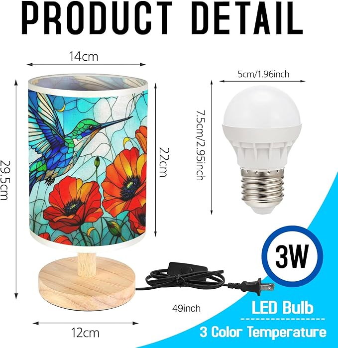 Poppy Humminhbird Table Lamp LED 3-Color Pressed Bedside, Poppy Humminhbird Shade Lamp with Wood Base for Bedroom Living Room Desk Office