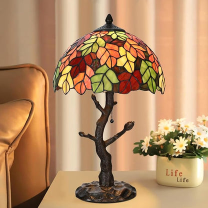 TL0021 Maple Leaves Tiffany Table Lamp Stained Glass Shade Reading Desk Light 12 X 20 Inches for Bedroom Living Room, Handcrafted Art Deco for Home Office, LED Bulb Included (Maple Leaves)