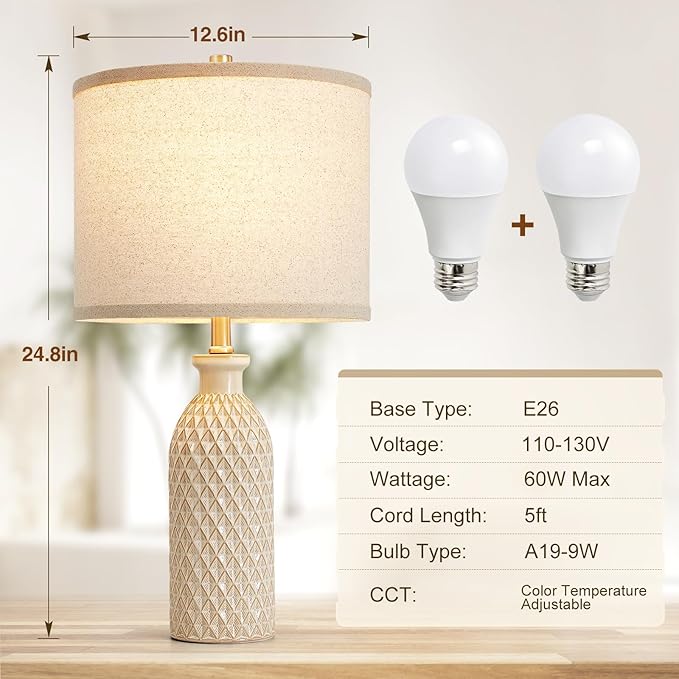 Luvkczc Ceramic Table Lamps Set of 2, Farmhouse 24.8" Bedside Lamps with Adjustable Color Temperature, Modern Nightstand Lamp Desk Reading Lamp for Bedroom, Living Room, Office, 2 Bulbs Included