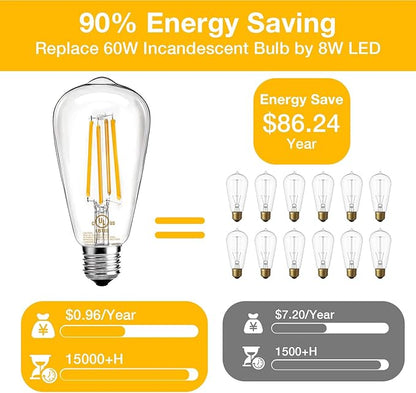DAYBETTER 10 Pack Vintage LED Edison Bulbs, E26 Dimmable LED Bulb, 60 watt Equivalent, ST58 Antique Filament Light Bulbs with Warm White 2700K, Brightness 8W, 800LM, 80+ CRI, Clear Glass