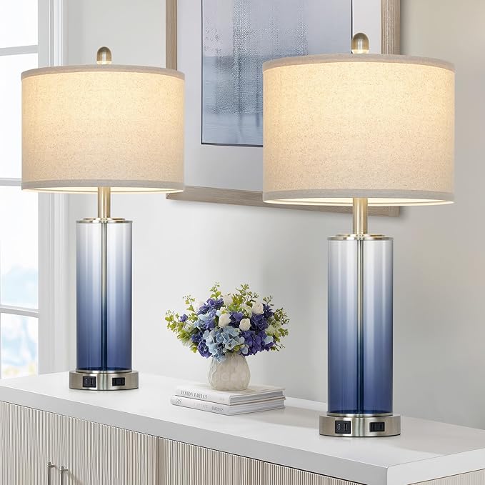 26" Coastal Blue Glass Table Lamps Set of 2, 3-Way Dimmable Touch Control Bedside Lamp with USB C+A Ports & AC Outlet, Modern Lamps for Living Room End Table, Nautical Bedroom Lamps for Nightstand