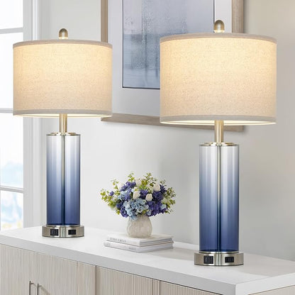 26" Coastal Blue Glass Table Lamps Set of 2, 3-Way Dimmable Touch Control Bedside Lamp with USB C+A Ports & AC Outlet, Modern Lamps for Living Room End Table, Nautical Bedroom Lamps for Nightstand