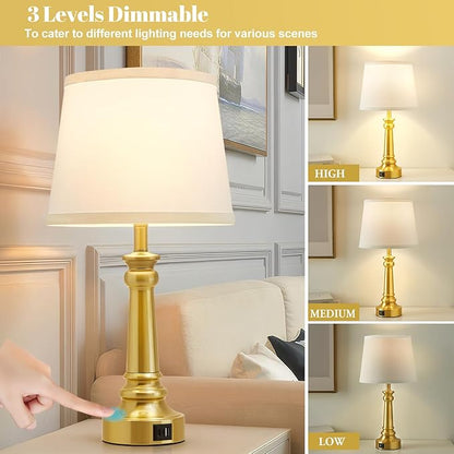 Touch Lamps for Nightstand Set of 2 - Gold Table Lamp for Bedroom Dimmable Bedside Lamps with USB C+A Ports - Lamps for Night Stands Living Room End Table,2 LED Bulbs Included