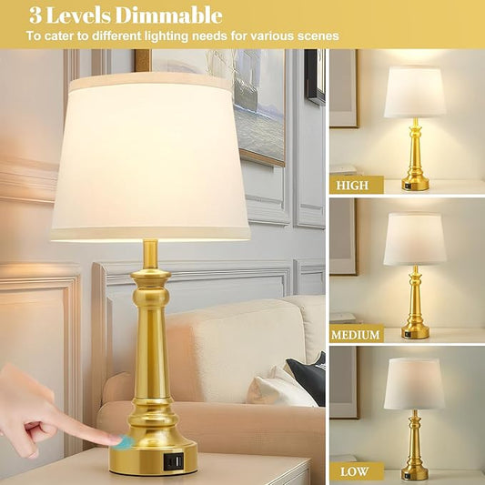Touch Lamps for Nightstand Set of 2 - Gold Table Lamp for Bedroom Dimmable Bedside Lamps with USB C+A Ports - Lamps for Night Stands Living Room End Table,2 LED Bulbs Included