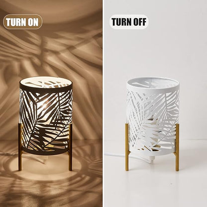 OuXean Decorative Table Lamp, Golden Tripod Stand with White Metal Hollowed Lampshade, Night Light for Bedside, E12 40W, No Bulb
