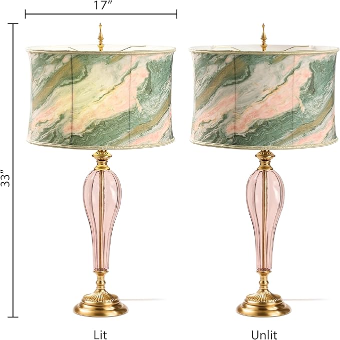 RIVER OF GOODS 33" H Romance Pink/Green Drum Shade Geometric Glass Table Lamp