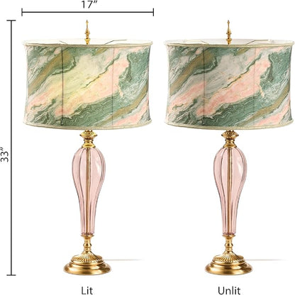 RIVER OF GOODS 33" H Romance Pink/Green Drum Shade Geometric Glass Table Lamp