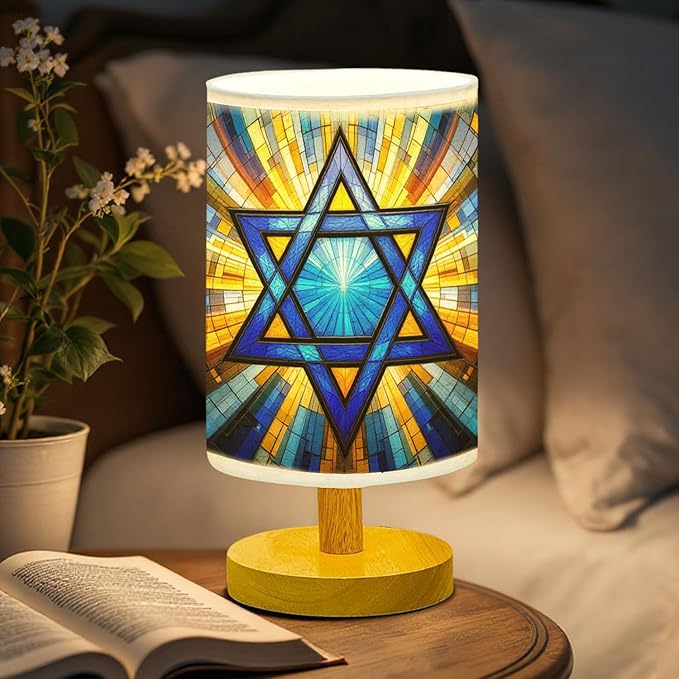 Star of David Table Lamp LED 3-Color Pressed Bedside, Star of David Shade Lamp with Wood Base for Bedroom Living Room Desk Office TL01