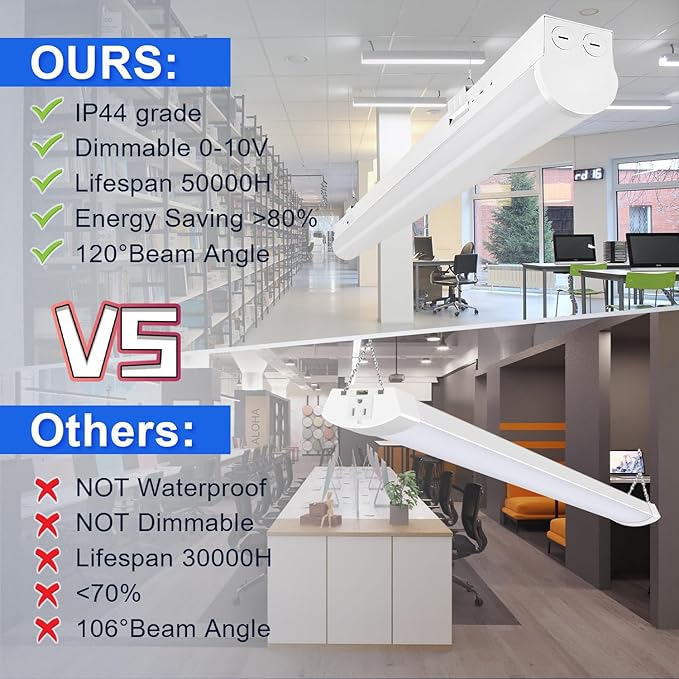 40W LED Linear Strip Lights, 4FT LED Shop Light, 5200LM 5000K 0-10V Dimmable Commercial Indoor Shop Ceiling Lights Fixture for Workshop, Garage, Office, AC100-277V DLC & ETL Listed (4 Pack)