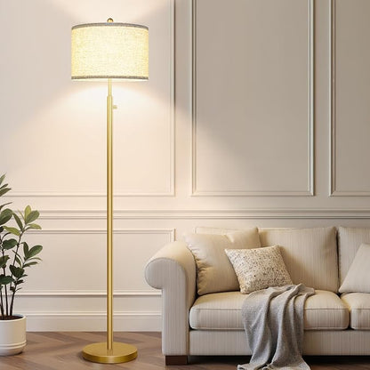 Nintiue 【Upgraded】 Dimmable Floor Lamp for Living Room, 11W LED Bulb Included, Modern Standing Lamp, Tall Pole Light with Linen Shade for Bedroom Reading Office Corner Nursery-Gold