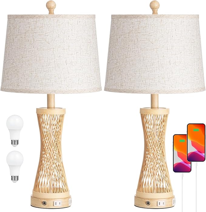 24.4” Farmhouse Rattan Table Lamps Set of 2, Touch Bedside Lamps for Bedroom with 3-Way Dimmable Night Light, USB A+C Charging Ports, Bamboo Boho Nightstand Lamp with Beige Linen Shade H04TL05