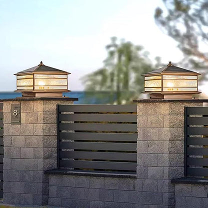 All Copper Steel Glass Outdoor Post Lights, Waterproof Pillar Light, Vintage Patio Lawn Column Lamp,Outdoor Column Lights,Deck Lights, Lantern Fence Lamp Fixture E26 Base (Solar, 12X12in)