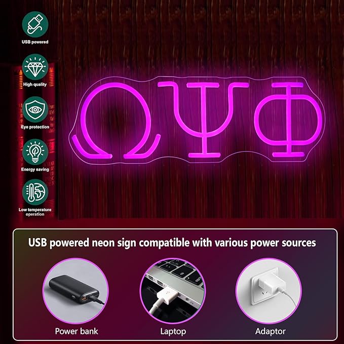 16in Psi Phi Fraternity Neon Sign, USB Dimmable Greek Lettering Psi Phi Neon Light Light Up Sign for Man Cave Bar Office Decor Omega Holiday Gifts