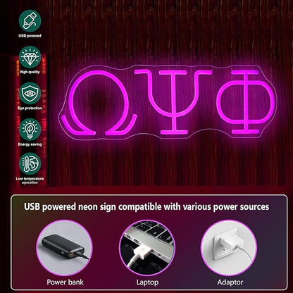 16in Psi Phi Fraternity Neon Sign, USB Dimmable Greek Lettering Psi Phi Neon Light Light Up Sign for Man Cave Bar Office Decor Omega Holiday Gifts