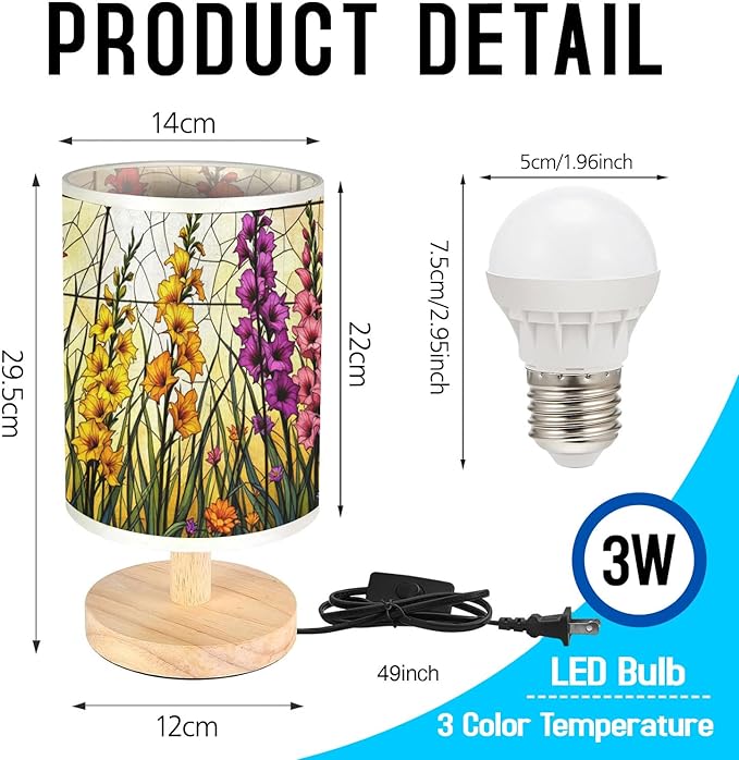 Gladiola Table Lamp LED 3-Color Pressed Bedside, Gladiola Shade Lamp with Wood Base for Bedroom Living Room Desk Office