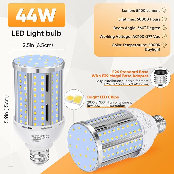 44W LED Corn Light Bulb(6 Pack),Fanless,(390 Watt Equivalent) E26/E39 Medium/Large Mogul Base LED Cob Lamp 5000K Daylight 5,900LM for Outdoor Indoor Garage Warehouse Factory Workshop Street Backyard