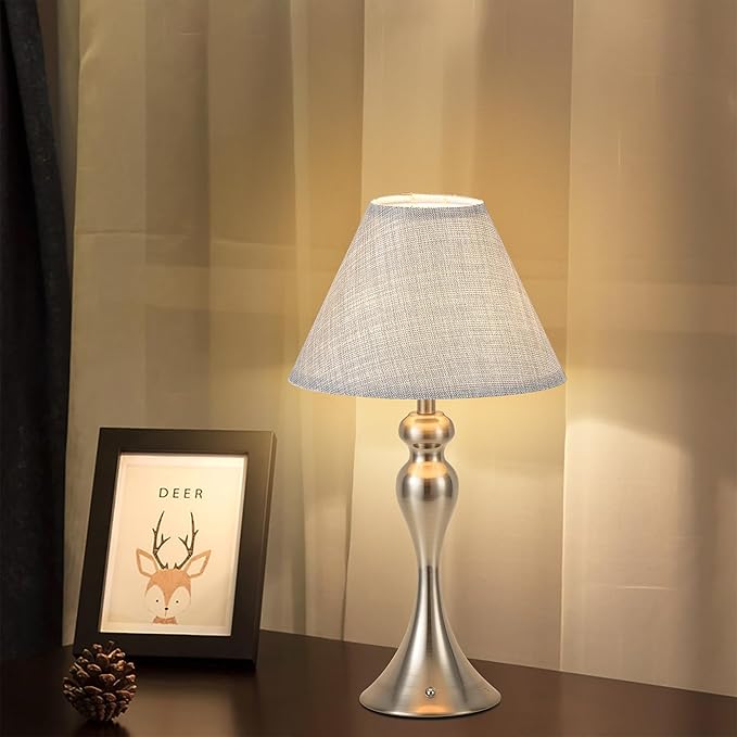 Rechargeable Cordless Table Lamps, Battery Operated Lamp with Fabric Shade for Decor, 3 Color Stepless Dimming LED Table Light, Nightstand Lamp for Nursery, Bedroom, Living Room, Home Office (Nickel)