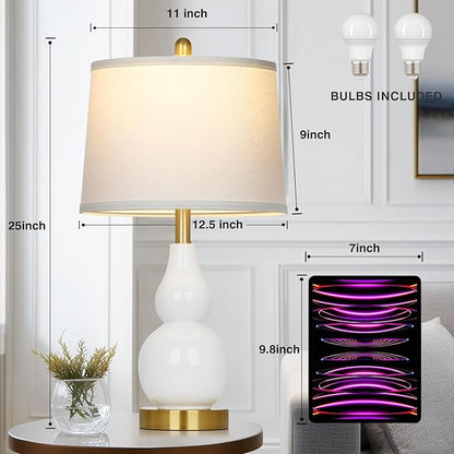 Ceramic Table Lamp for Living Room, 25" Modern Double Gourd Ceramic Lamp for Bedroom White Farmhouse Rustic Classic Bedside Lamp with Round Fabric Shade for Night stand Desk End Tables(Bulb Included)