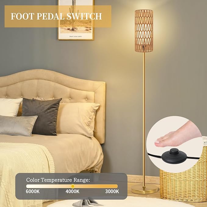 Floor Lamp for Living Room,Farmhouse Floor lamp,Modern Standing lamp with Hand-Worked Rattan Shade (Round Rattan Shade Gold Color-3 Color Bulb)