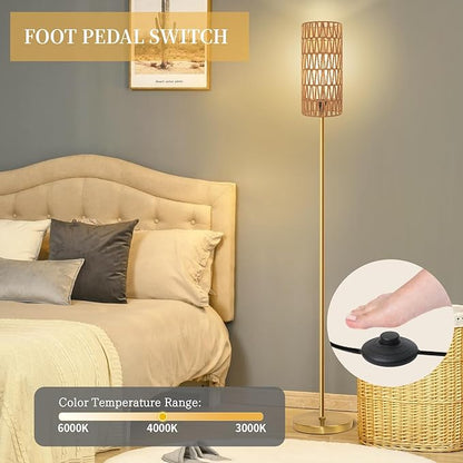 Floor Lamp for Living Room,Farmhouse Floor lamp,Modern Standing lamp with Hand-Worked Rattan Shade (Round Rattan Shade Gold Color-3 Color Bulb)