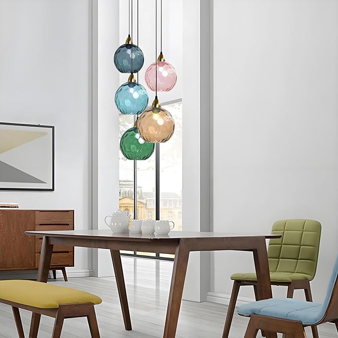 20cm/7.9’’ Industrial Vintage Spherical Glass Pendant Light, E26 Ceiling Hanging Lamp, Gold Finish & Ripple Glass Globe Shade, Dining Room Bedroom Chandelier (Pink)