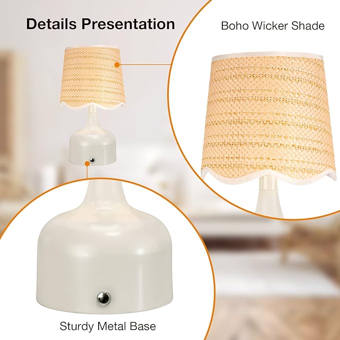 Cordless Boho Table Lamp Beige, Wicker Shade, 5200-mAh Rechargeable Battery, 3-Way Dimmable, Build-in Integrated LED 320 Lumen Max, for Bedside Living Room