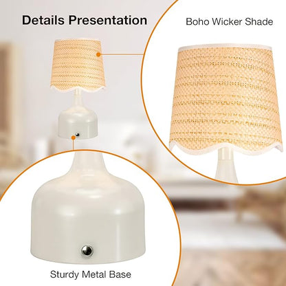 Cordless Boho Table Lamp Beige, Wicker Shade, 5200-mAh Rechargeable Battery, 3-Way Dimmable, Build-in Integrated LED 320 Lumen Max, for Bedside Living Room