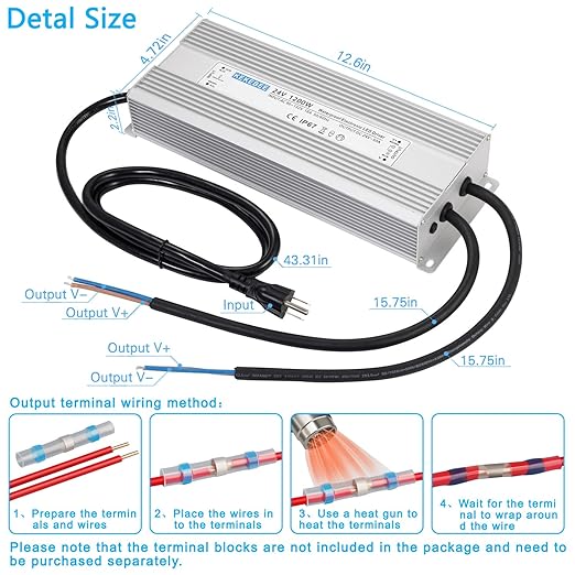 LED Driver 24V1200W Waterproof Power Supply AC90-132V to DC24V50A High Power Switching Power Supply IP67 Transformer Suitable for Indoor and Outdoor LED Lighting and Any 24V DC Equipment