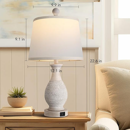 PARTPHONER Traditional Table Lamps Set of 2, Bedside Touch Lamp with USB C+A Charging Ports, Rustic Farmhouse Table Lamps for Living Room Bedroom, Side Table Lamp with White Fabric Shade, Antique Grey