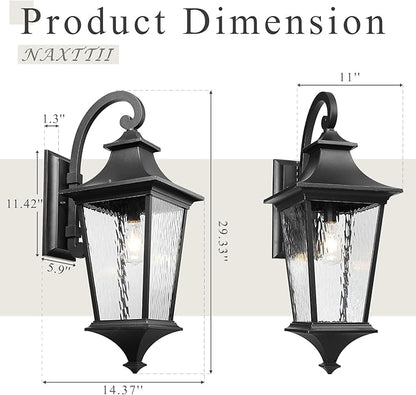 Black Outdoor Wall Light Fixtures 29.3 Inch Large Aluminum Outside Wall Lantern with Water Ripple Glass Waterproof Wall Sconce Porch Lights for Patio Doorway E26 Socket