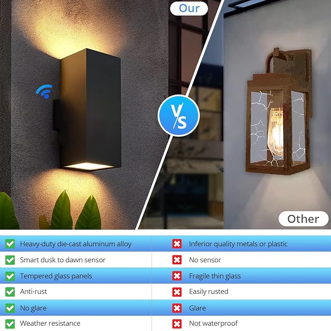 wowlite Outdoor Wall Light with Dusk to Dawn Sensor, 6000K Cool Light LED Up Down Sconce, Waterproof 13" Modern Square Matte Black Exterior Light Fixture Wall Mount for Porch Patio Garage, ETL Listed