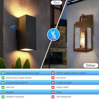 wowlite Outdoor Wall Light with Dusk to Dawn Sensor, 6000K Cool Light LED Up Down Sconce, Waterproof 13" Modern Square Matte Black Exterior Light Fixture Wall Mount for Porch Patio Garage, ETL Listed