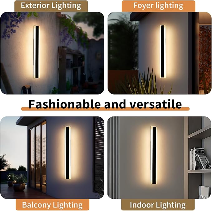 Outdoor Wall Sconces, 31.4inch Modern Wall Lights, 3 Lights Color 3000K/4500K/6000K, Acrylic Panel Exterior Porch Light, IP65 Waterproof, Large Minimalist Wall Lamp for Patio, Yard, Garage