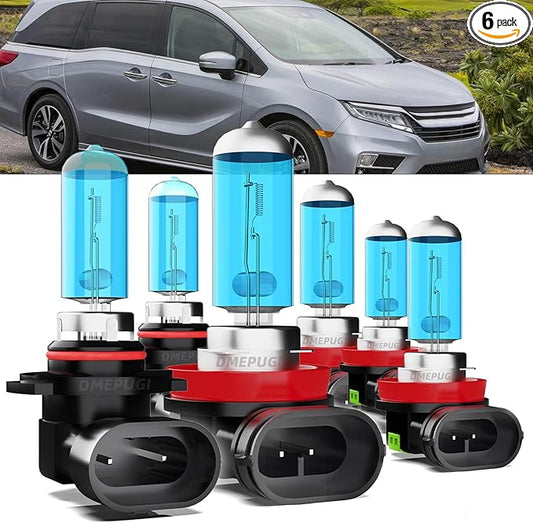 Compatible With Honda Odyssey 2011-2020 halogen Headlight Bulbs Front Bulb Bright Light halogens Combo, 9005/HB3/H10 High Beam + H11/H8/H9 Low Beams + H11 Fog Lights,Plug N Play, 6 Pack